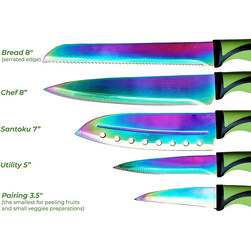 Gorąca sprzedaż Profesjonalne 5 PCS Kolor tytanu Pakka Wood Handle Noże kuchenne Zestaw z magnetycznym stojakiem 